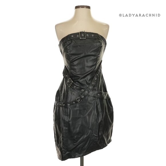 DISTURBIA Roxy Bondage faux leather little black mini dress LBD - Picture 6 of 9